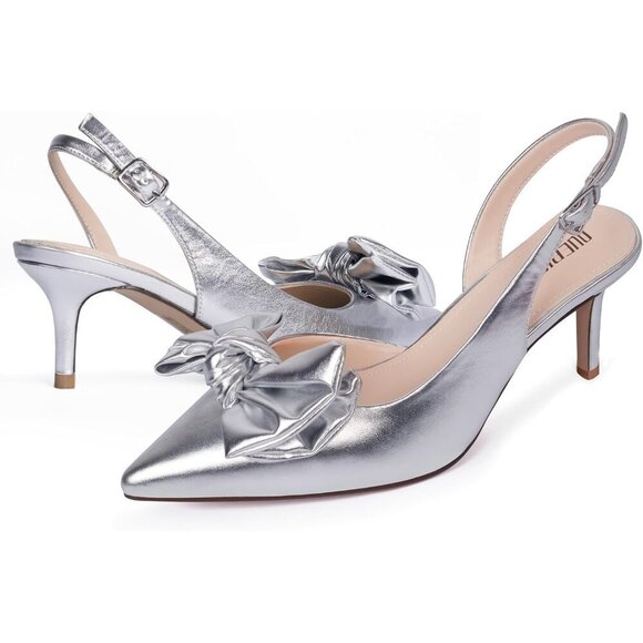 Women Silver Slingback Kitten Heels Pointed Closed Toe Low Heel with Buckle - Picture 3 of 6